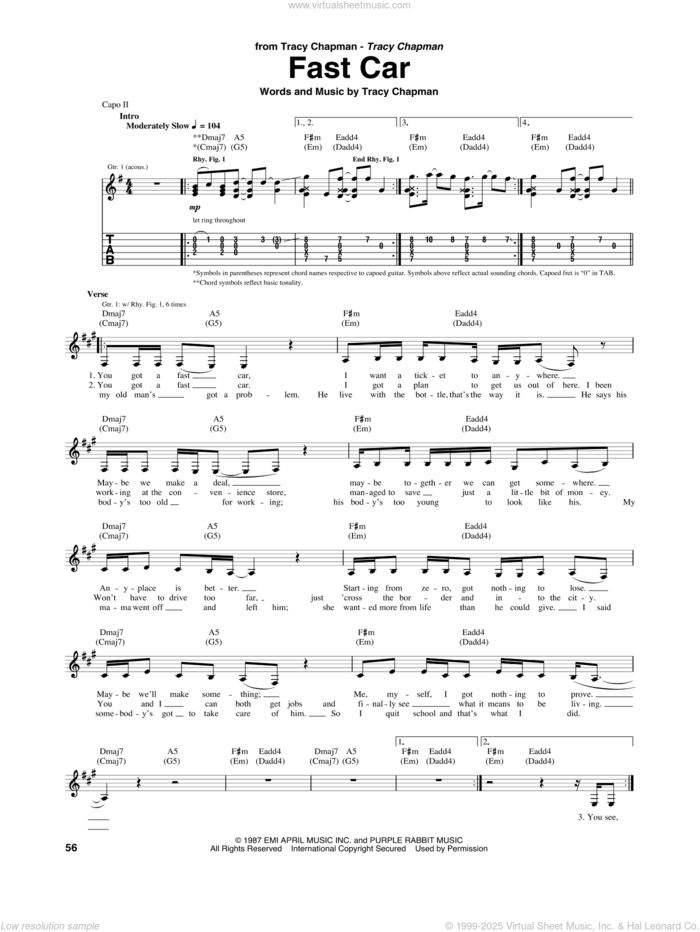 Fast Car sheet music for guitar (tablature) by Tracy Chapman, intermediate skill level