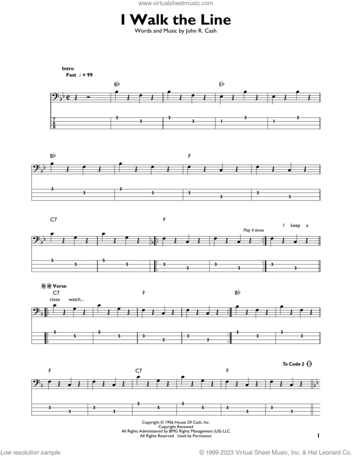 I Walk The Line sheet music for bass solo by Johnny Cash, intermediate skill level