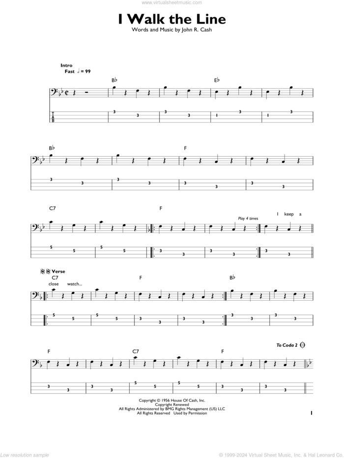 I Walk The Line sheet music for bass solo by Johnny Cash, intermediate skill level