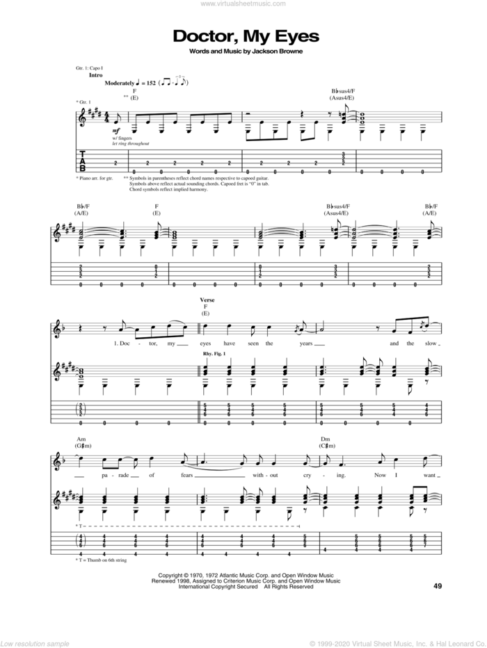 Doctor, My Eyes sheet music for guitar (tablature) by Jackson Browne, intermediate skill level