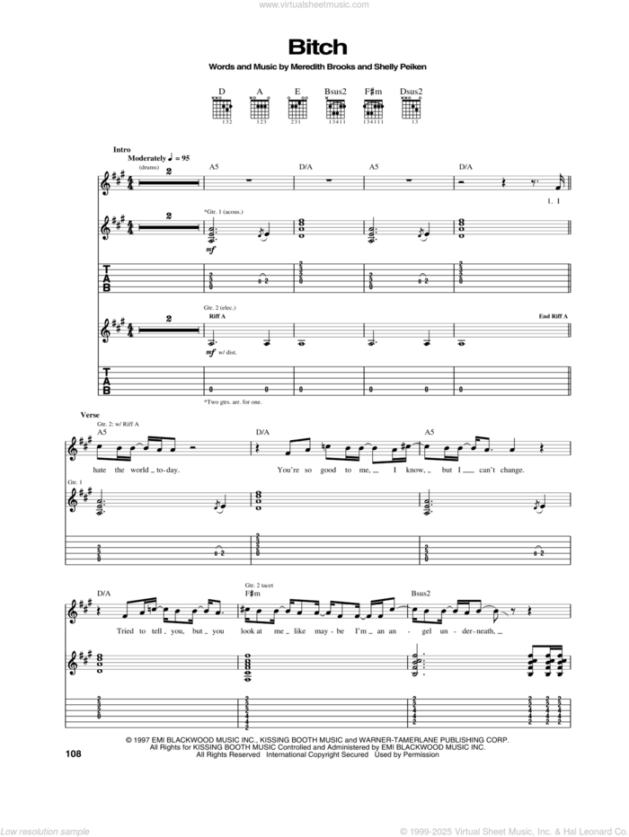 Bitch sheet music for guitar (tablature) by Meredith Brooks and Shelly Peiken, intermediate skill level