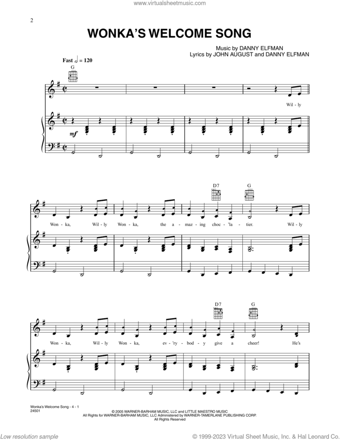 Wonka's Welcome Song (from Charlie And The Chocolate Factory) sheet music for voice, piano or guitar by Danny Elfman and John August, intermediate skill level