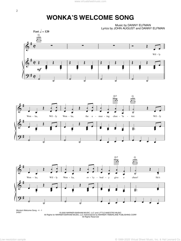 Wonka's Welcome Song (from Charlie And The Chocolate Factory) sheet music for voice, piano or guitar by Danny Elfman and John August, intermediate skill level