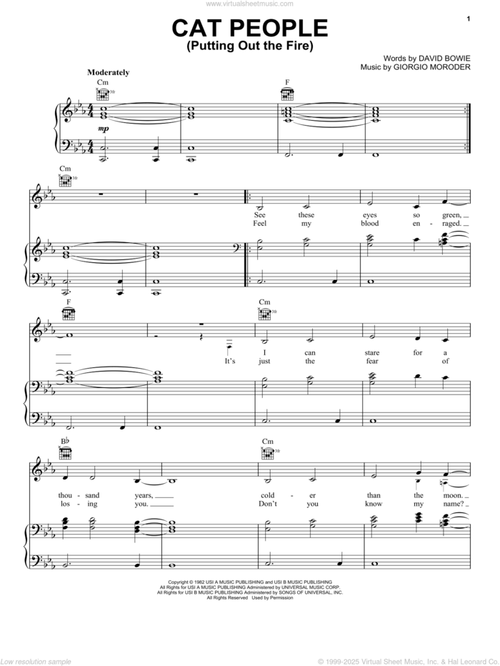 Cat People (Putting Out The Fire) sheet music for voice, piano or guitar by David Bowie and Giorgio Moroder, intermediate skill level