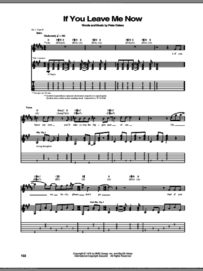 If You Leave Me Now sheet music for guitar (tablature) by Chicago and Peter Cetera, intermediate skill level