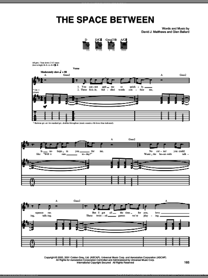 The Space Between sheet music for guitar (tablature) by Dave Matthews Band and Glen Ballard, intermediate skill level