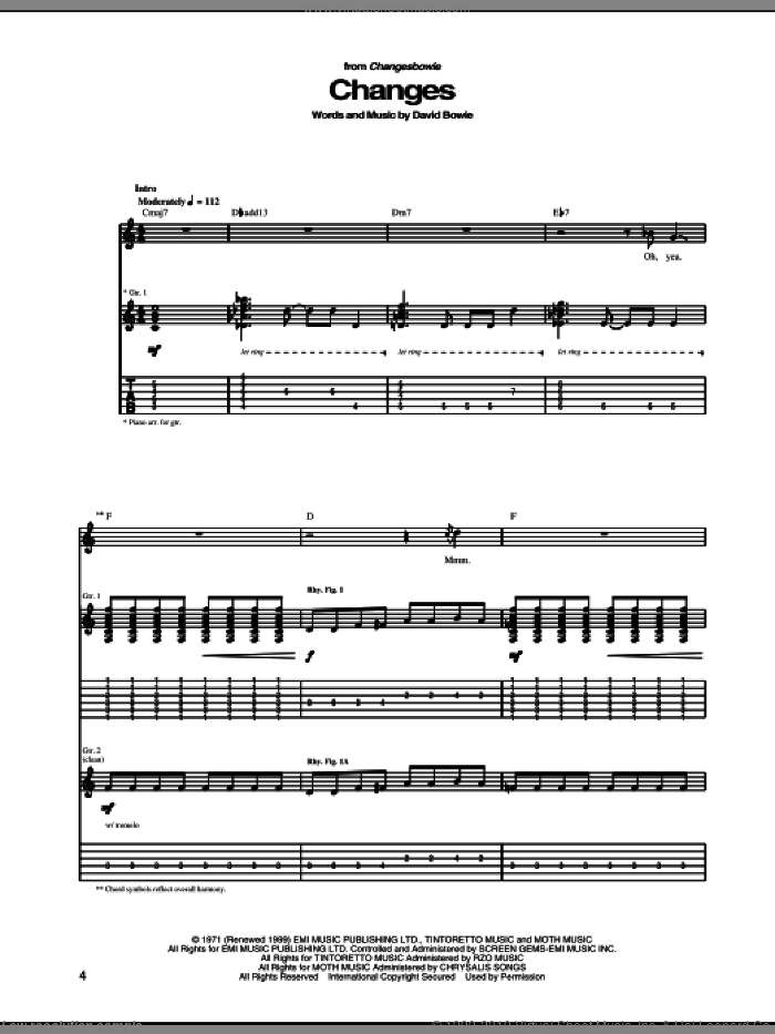 Changes sheet music for guitar (tablature) by David Bowie, intermediate skill level