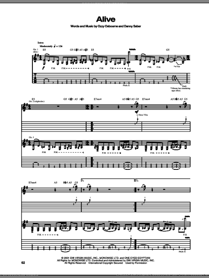 Alive sheet music for guitar (tablature) by Ozzy Osbourne and Danny Saber, intermediate skill level