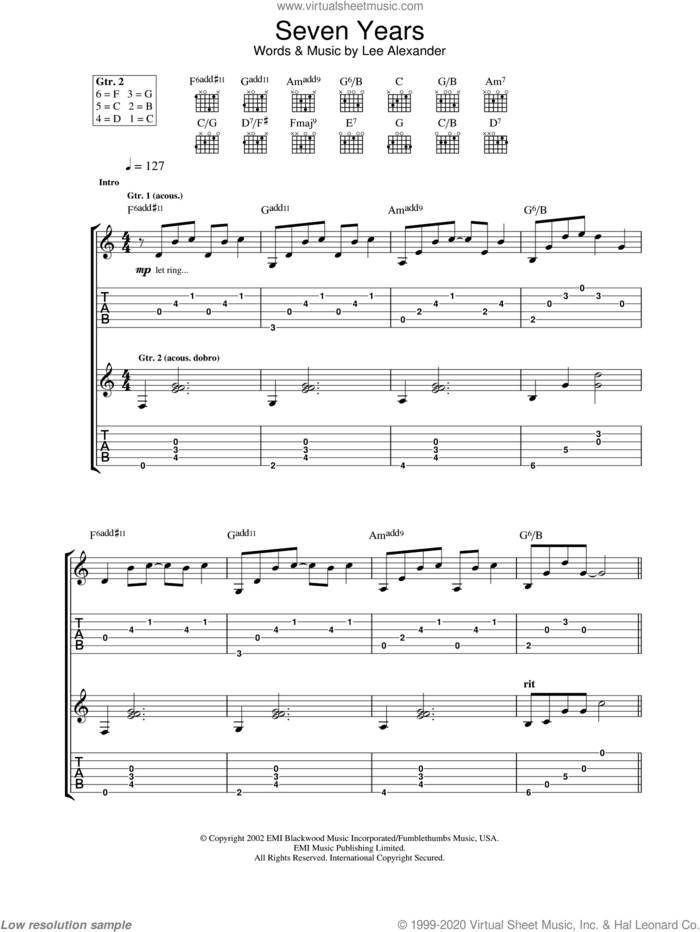Seven Years sheet music for guitar (tablature) by Norah Jones, intermediate skill level