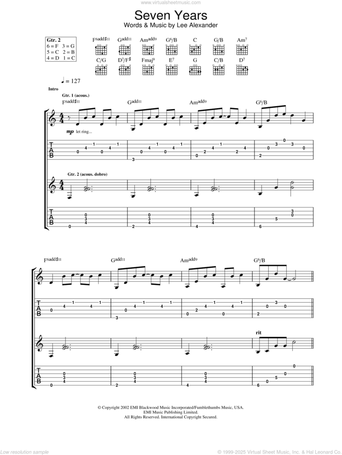 Seven Years sheet music for guitar (tablature) by Norah Jones, intermediate skill level