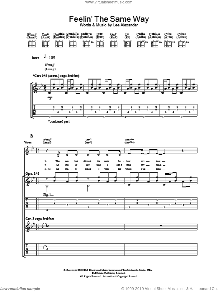 Feelin' The Same Way sheet music for guitar (tablature) by Norah Jones, intermediate skill level