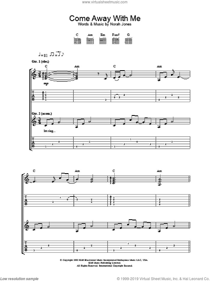 Come Away With Me sheet music for guitar (tablature) by Norah Jones, intermediate skill level