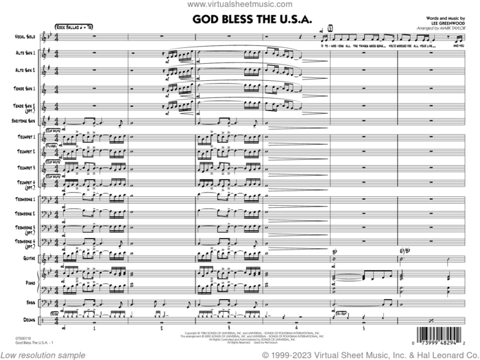 God Bless the U.S.A. (arr. Mark Taylor) (COMPLETE) sheet music for jazz band by Mark Taylor and Lee Greenwood, intermediate skill level