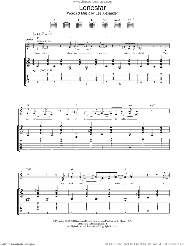 Lonestar sheet music for guitar (tablature) by Norah Jones, intermediate skill level