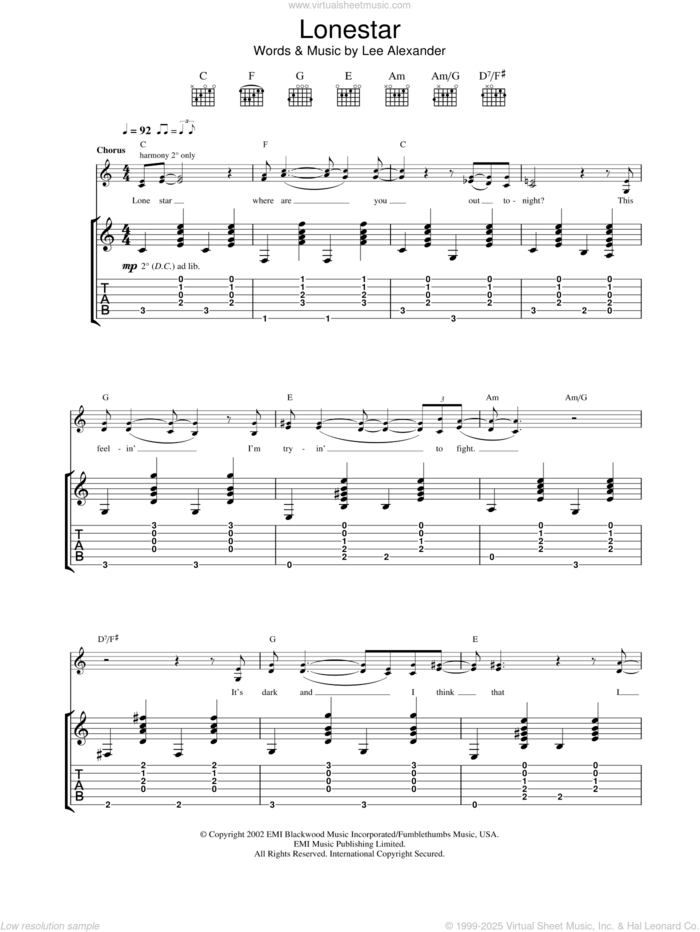 Lonestar sheet music for guitar (tablature) by Norah Jones, intermediate skill level