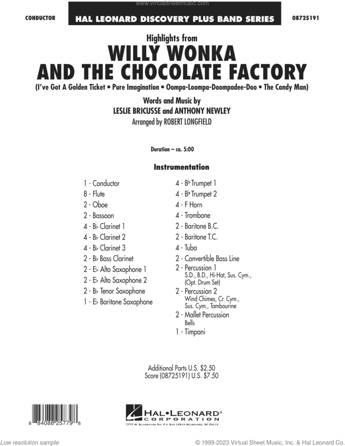 Highlights from Willy Wonka And The Chocolate Factory sheet music for concert band (full score) by Leslie Bricusse, Robert Longfield and Anthony Newley, intermediate skill level