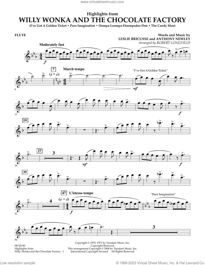 Highlights from Willy Wonka And The Chocolate Factory sheet music for concert band (flute) by Leslie Bricusse, Robert Longfield and Anthony Newley, intermediate skill level