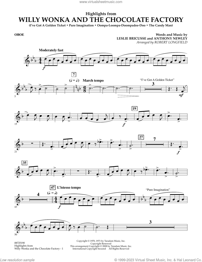 Highlights from Willy Wonka And The Chocolate Factory sheet music for concert band (oboe) by Leslie Bricusse, Robert Longfield and Anthony Newley, intermediate skill level