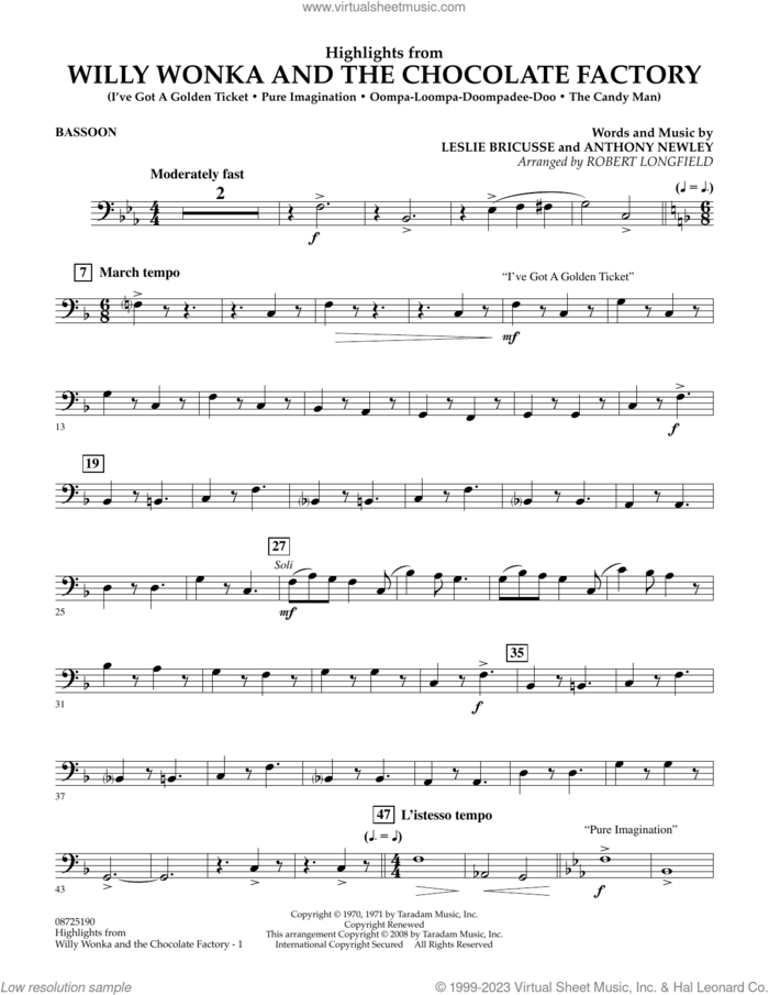 Highlights from Willy Wonka And The Chocolate Factory sheet music for concert band (bassoon) by Leslie Bricusse, Robert Longfield and Anthony Newley, intermediate skill level