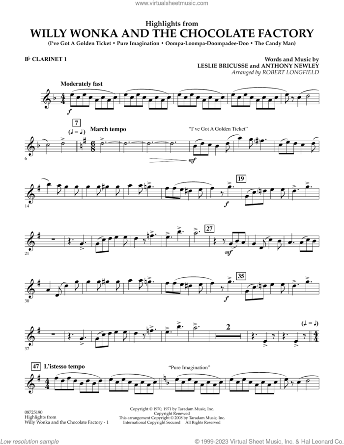Highlights from Willy Wonka And The Chocolate Factory sheet music for concert band (Bb clarinet 1) by Leslie Bricusse, Robert Longfield and Anthony Newley, intermediate skill level