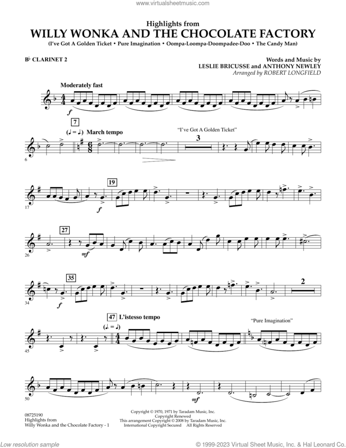 Highlights from Willy Wonka And The Chocolate Factory sheet music for concert band (Bb clarinet 2) by Leslie Bricusse, Robert Longfield and Anthony Newley, intermediate skill level