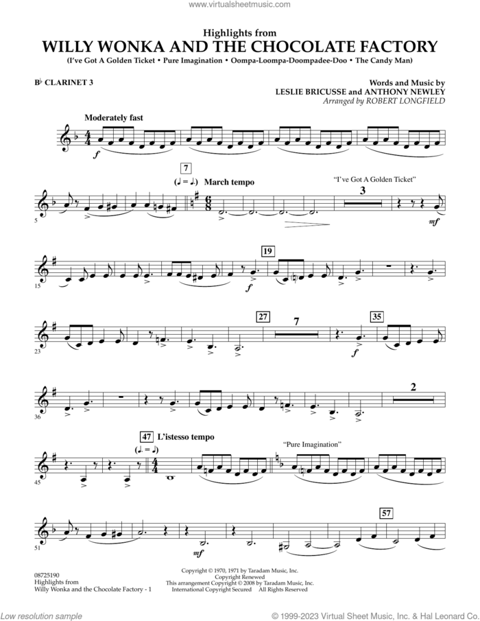 Highlights from Willy Wonka And The Chocolate Factory sheet music for concert band (Bb clarinet 3) by Leslie Bricusse, Robert Longfield and Anthony Newley, intermediate skill level