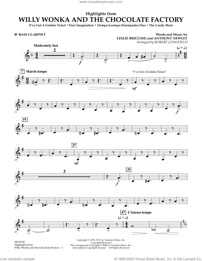 Highlights from Willy Wonka And The Chocolate Factory sheet music for concert band (Bb bass clarinet) by Leslie Bricusse, Robert Longfield and Anthony Newley, intermediate skill level