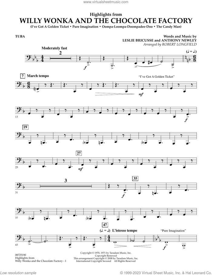 Highlights from Willy Wonka And The Chocolate Factory sheet music for concert band (tuba) by Leslie Bricusse, Robert Longfield and Anthony Newley, intermediate skill level