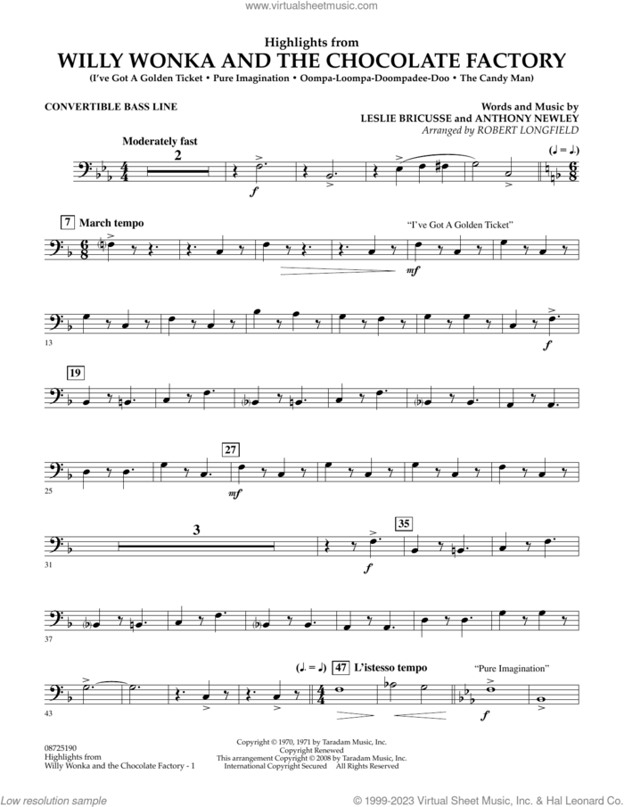 Highlights from Willy Wonka And The Chocolate Factory sheet music for concert band (convertible bass line) by Leslie Bricusse, Robert Longfield and Anthony Newley, intermediate skill level