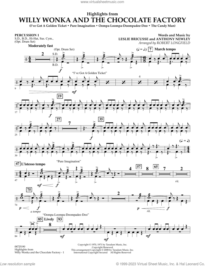Highlights from Willy Wonka And The Chocolate Factory sheet music for concert band (percussion 1) by Leslie Bricusse, Robert Longfield and Anthony Newley, intermediate skill level