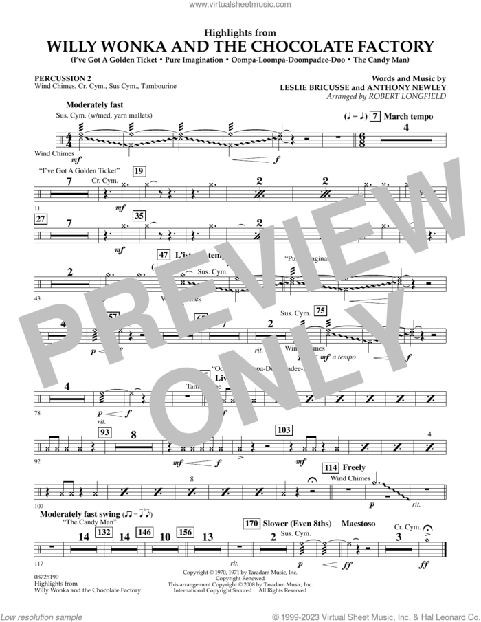 Highlights from Willy Wonka And The Chocolate Factory sheet music for concert band (percussion 2) by Leslie Bricusse, Robert Longfield and Anthony Newley, intermediate skill level