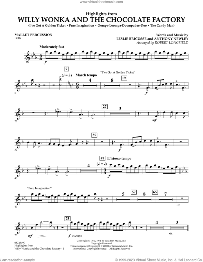 Highlights from Willy Wonka And The Chocolate Factory sheet music for concert band (mallet percussion) by Leslie Bricusse, Robert Longfield and Anthony Newley, intermediate skill level