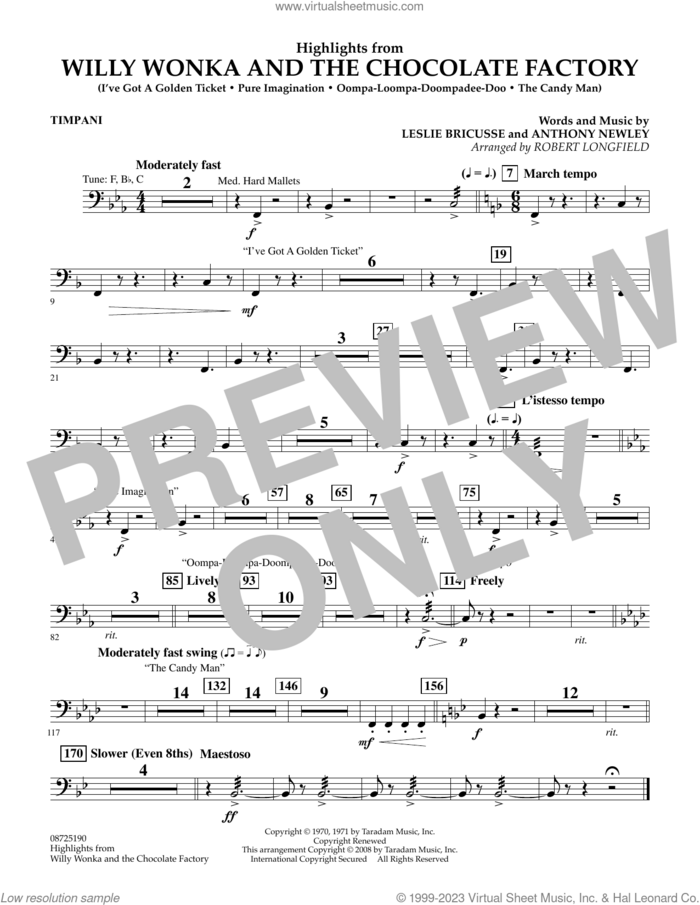 Highlights from Willy Wonka And The Chocolate Factory sheet music for concert band (timpani) by Leslie Bricusse, Robert Longfield and Anthony Newley, intermediate skill level