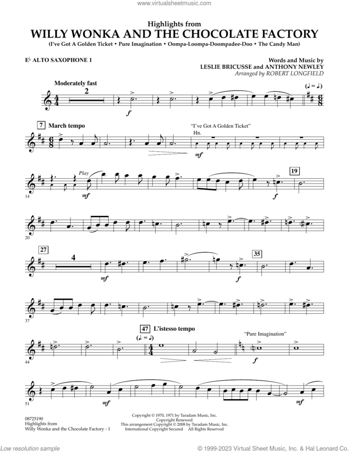 Highlights from Willy Wonka And The Chocolate Factory sheet music for concert band (Eb alto saxophone 1) by Leslie Bricusse, Robert Longfield and Anthony Newley, intermediate skill level