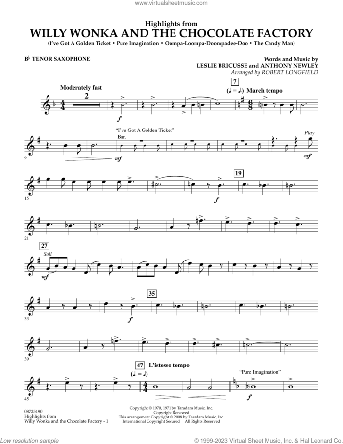 Highlights from Willy Wonka And The Chocolate Factory sheet music for concert band (Bb tenor saxophone) by Leslie Bricusse, Robert Longfield and Anthony Newley, intermediate skill level