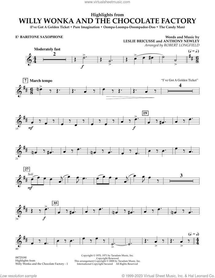 Highlights from Willy Wonka And The Chocolate Factory sheet music for concert band (Eb baritone saxophone) by Leslie Bricusse, Robert Longfield and Anthony Newley, intermediate skill level