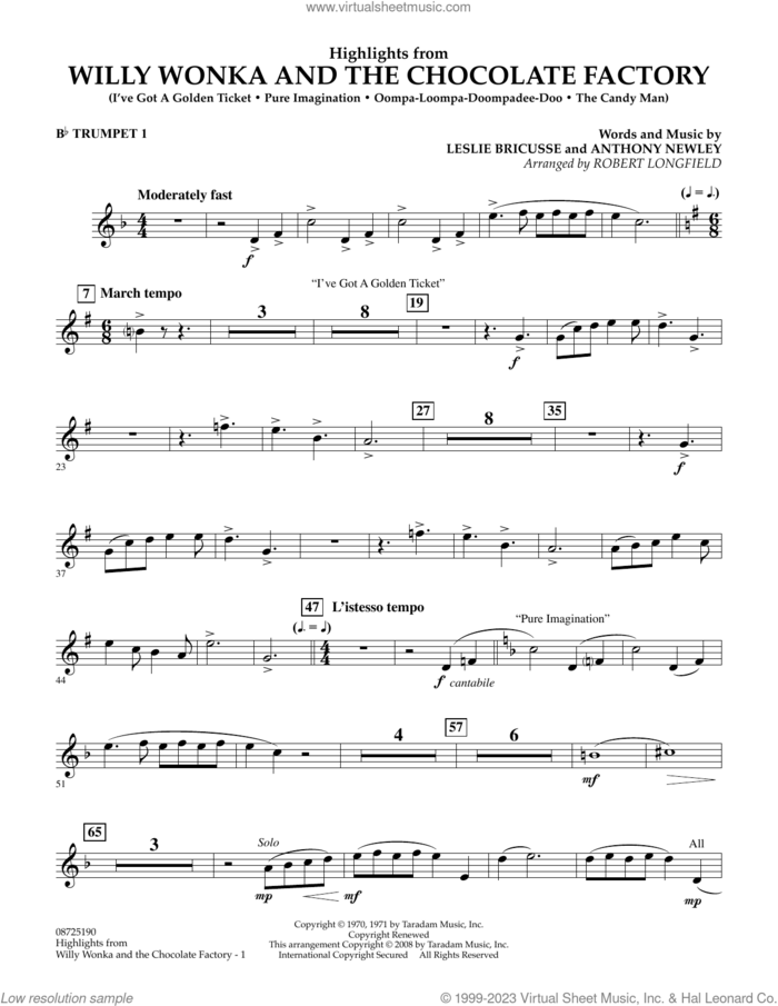 Highlights from Willy Wonka And The Chocolate Factory sheet music for concert band (Bb trumpet 1) by Leslie Bricusse, Robert Longfield and Anthony Newley, intermediate skill level