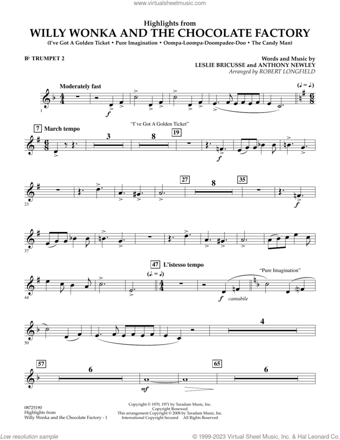Highlights from Willy Wonka And The Chocolate Factory sheet music for concert band (Bb trumpet 2) by Leslie Bricusse, Robert Longfield and Anthony Newley, intermediate skill level