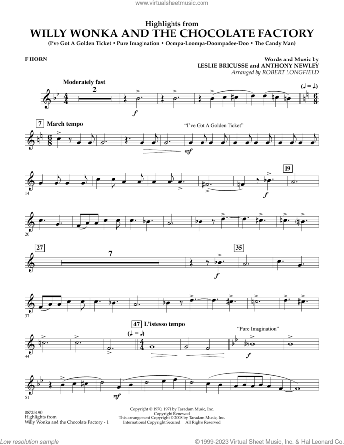 Highlights from Willy Wonka And The Chocolate Factory sheet music for concert band (f horn) by Leslie Bricusse, Robert Longfield and Anthony Newley, intermediate skill level