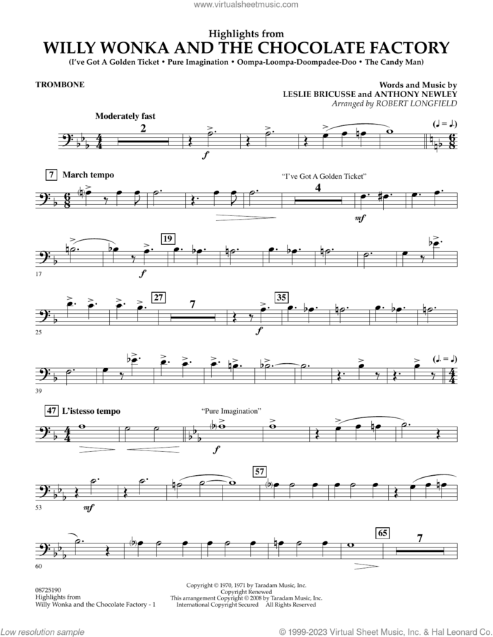 Highlights from Willy Wonka And The Chocolate Factory sheet music for concert band (trombone) by Leslie Bricusse, Robert Longfield and Anthony Newley, intermediate skill level