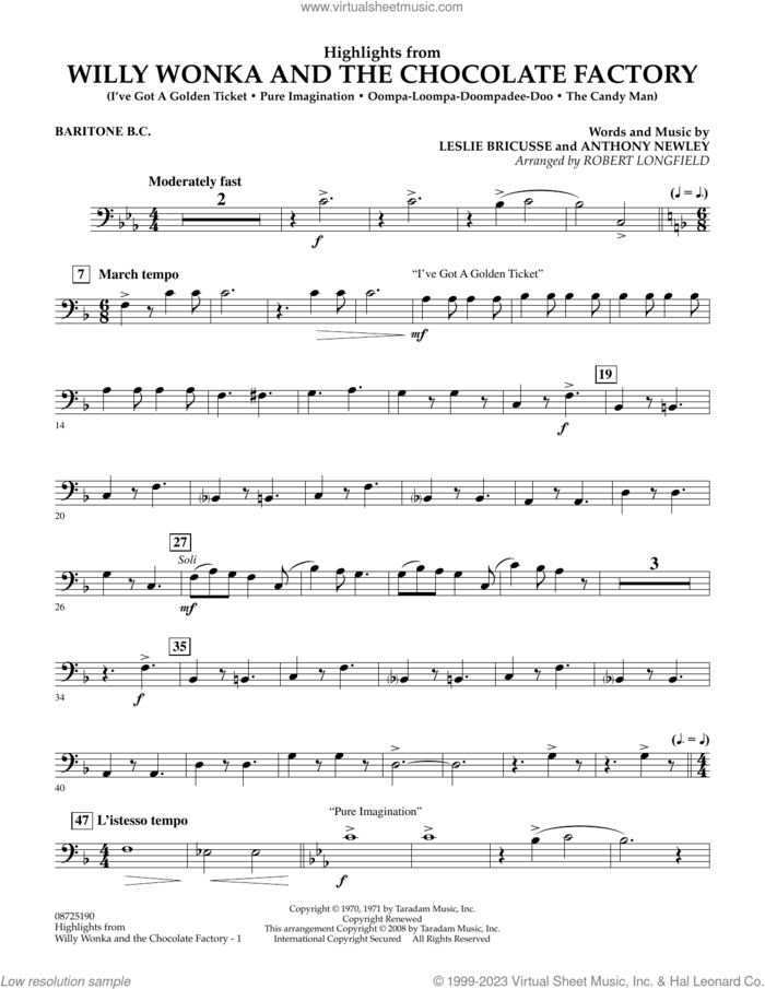 Highlights from Willy Wonka And The Chocolate Factory sheet music for concert band (baritone b.c.) by Leslie Bricusse, Robert Longfield and Anthony Newley, intermediate skill level
