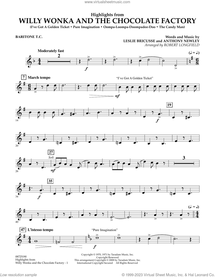 Highlights from Willy Wonka And The Chocolate Factory sheet music for concert band (baritone t.c.) by Leslie Bricusse, Robert Longfield and Anthony Newley, intermediate skill level