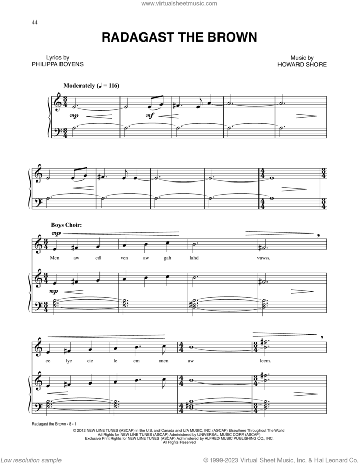 Radagast The Brown (from The Hobbit: An Unexpected Journey) sheet music for voice and piano by Howard Shore and Philippa Boyens, intermediate skill level
