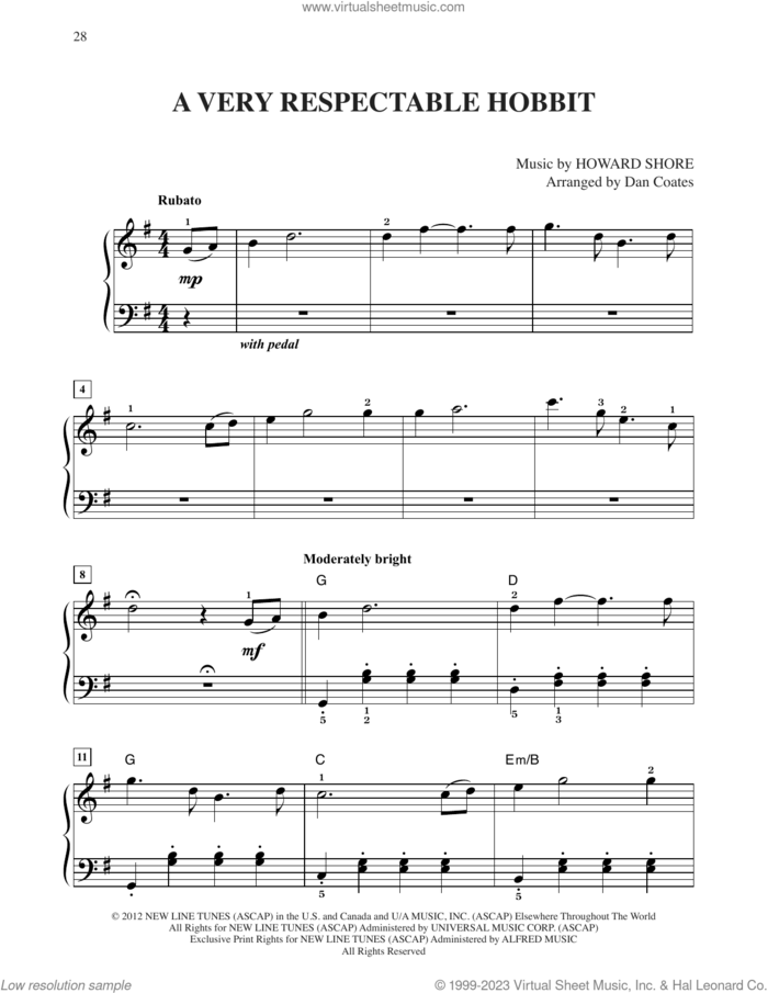 A Very Respectable Hobbit (from The Hobbit: An Unexpected Journey) (arr. Dan Coates) sheet music for piano solo by Howard Shore and Dan Coates, easy skill level