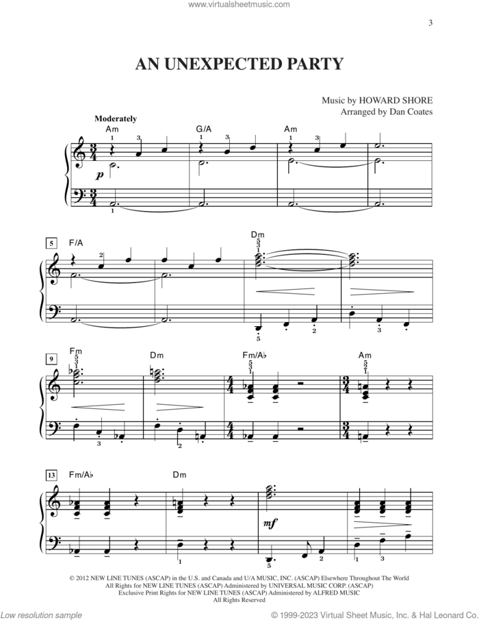 An Unexpected Party (from The Hobbit: An Unexpected Journey) (arr. Dan Coates) sheet music for piano solo by Howard Shore and Dan Coates, easy skill level