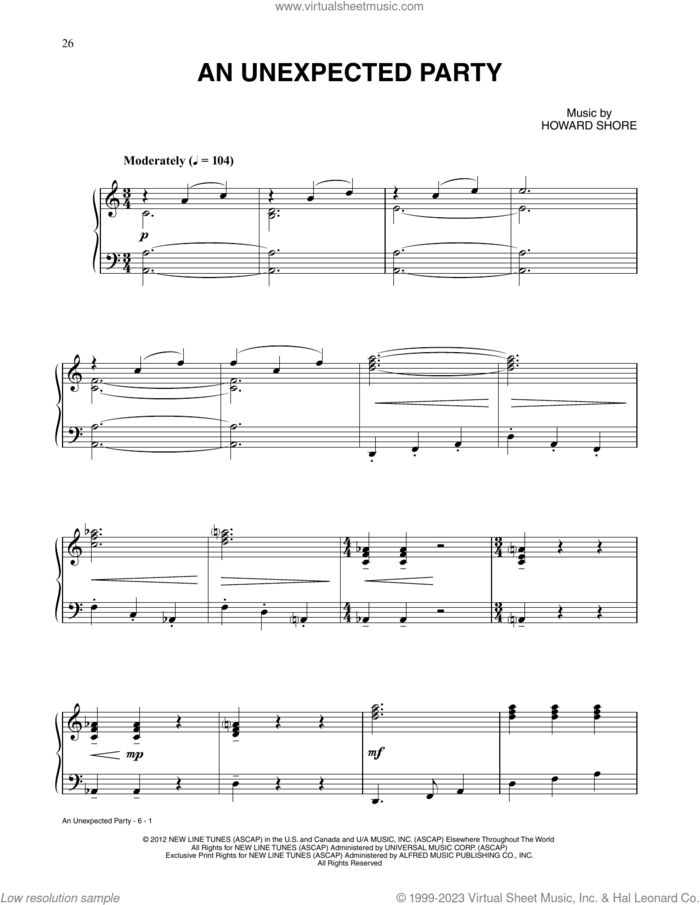 An Unexpected Party (from The Hobbit: An Unexpected Journey) sheet music for piano solo by Howard Shore, intermediate skill level