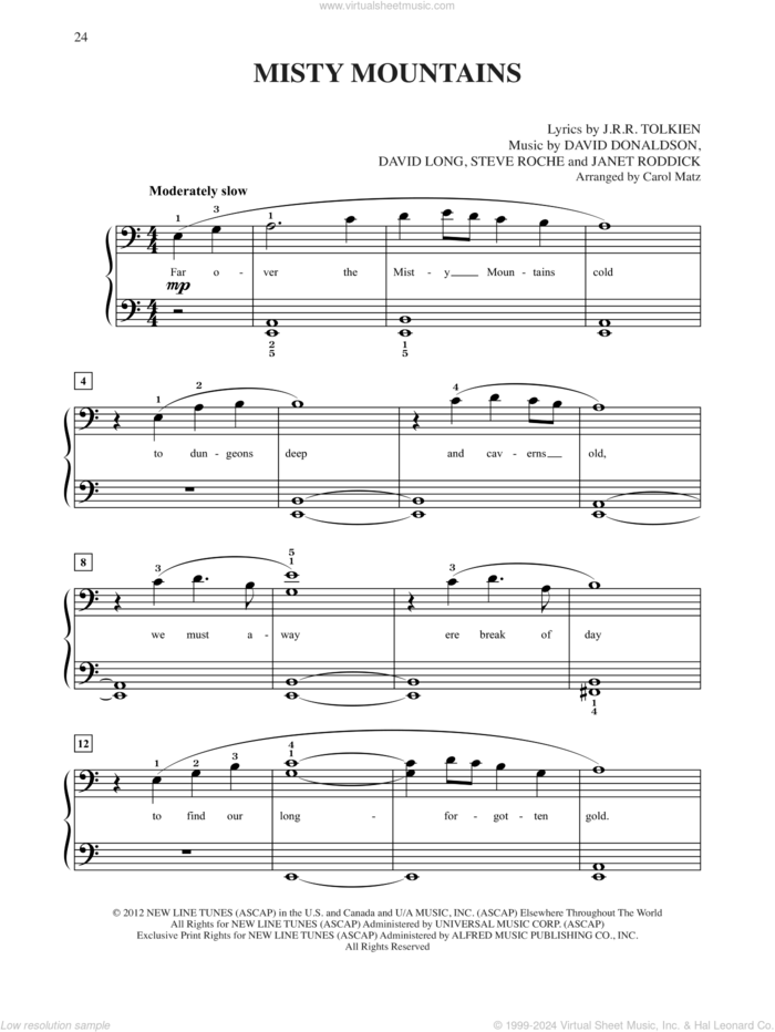 Misty Mountains (from The Hobbit: An Unexpected Journey) (arr. Carol Matz) sheet music for piano solo (big note book) by Richard Armitage, Carol Matz, David Donaldson, David Long, Frances Walsh, Janet Roddick, Philippa Boyens and Stephen Roche, easy piano (big note book)