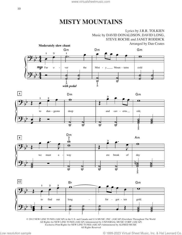 Misty Mountains (from The Hobbit: An Unexpected Journey) (arr. Dan Coates) sheet music for piano solo by Richard Armitage, Dan Coates, David Donaldson, David Long, Frances Walsh, Janet Roddick, Philippa Boyens and Stephen Roche, easy skill level