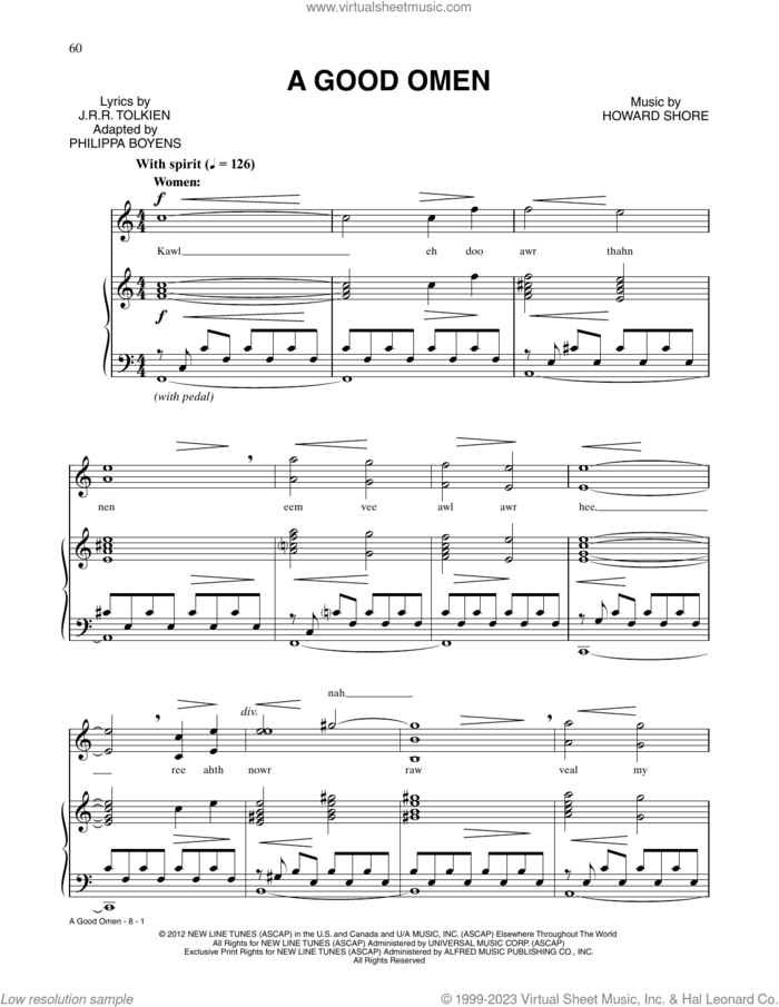 A Good Omen (from The Hobbit: An Unexpected Journey) sheet music for voice and piano by Howard Shore and Philippa Boyens, intermediate skill level