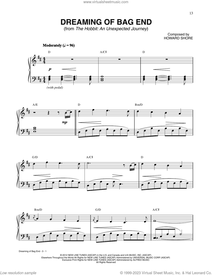 Dreaming Of Bag End (from The Hobbit: An Unexpected Journey) sheet music for piano solo by Howard Shore, intermediate skill level